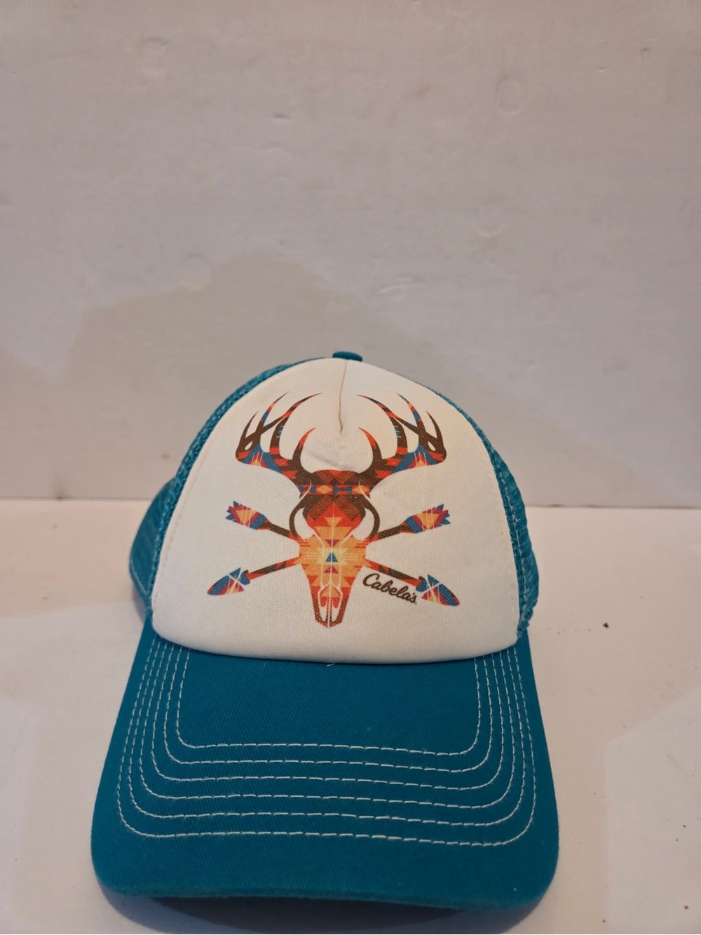 Cabela's Teal and White Trucker Hat with Colorful Deer Skull Graphic